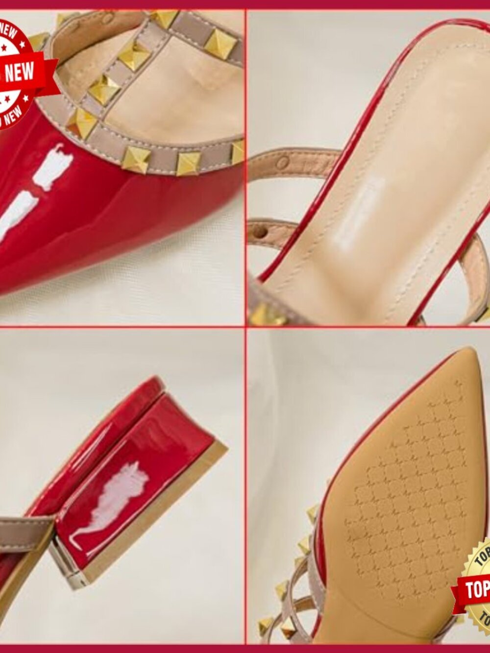 Patent Leather Pointed Toe Heeled Sandals with Rivet Studs Chunky Mid Heel - Picture 3 of 6